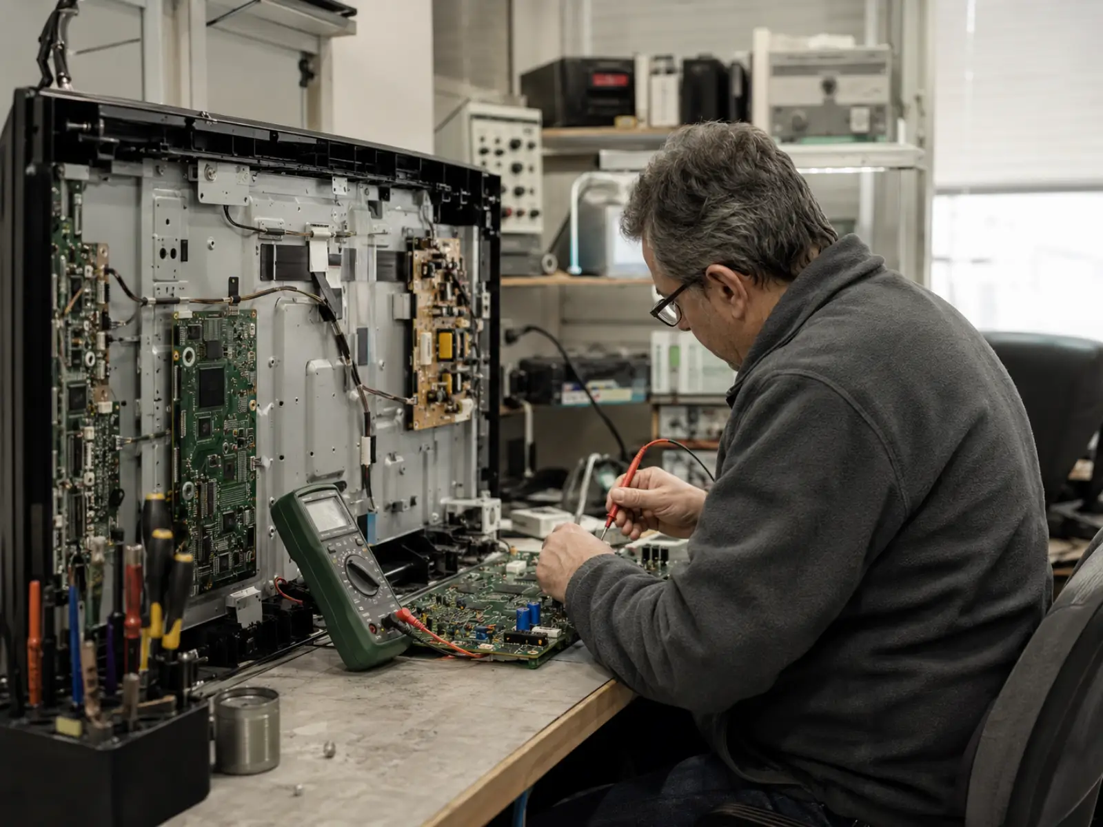 Técnico de ZEINER Electrónica revisando un televisor LED